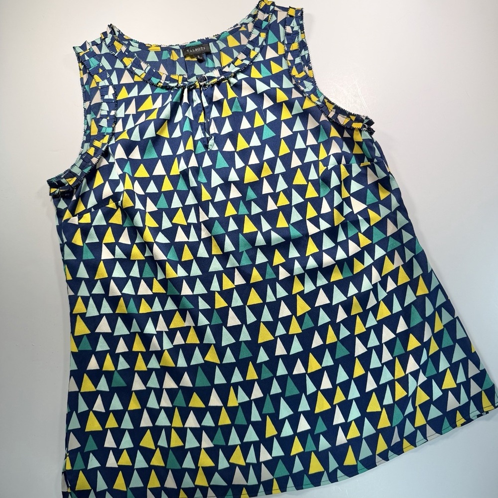 Talbots Sleeveless S Work Wear Blouse Triangles Navy Green Yellow Office Chic